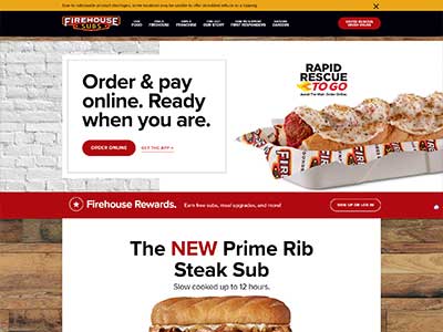 Firehouse Subs has taken their website design to the next level with a look that is professional, modern and mouth-watering! Their homepage includes beautiful photos of delicious subs as well as all the info you need to decide your order - locations, nutrition facts and more.